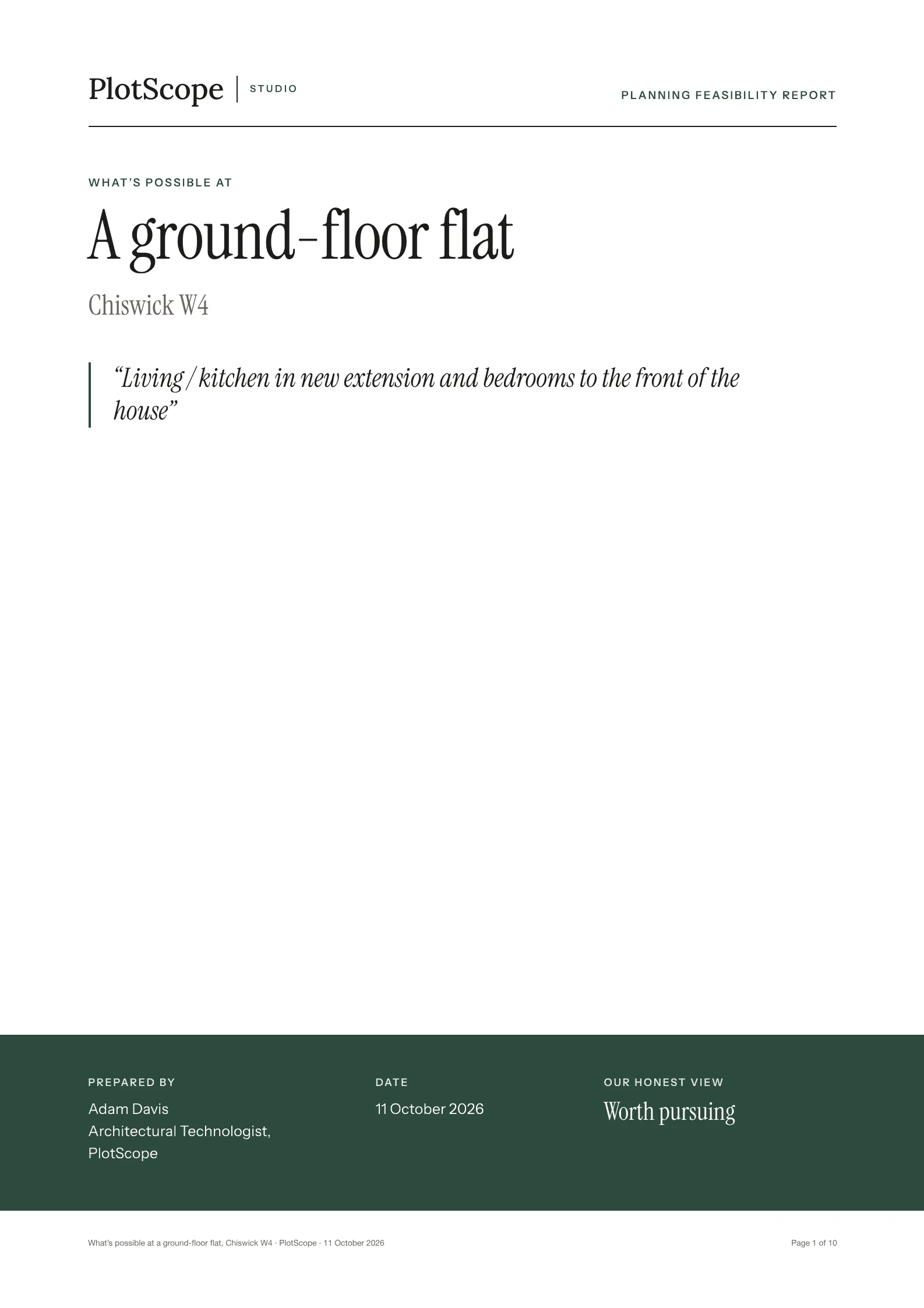 Cover of the sample Scope: “What’s possible at a ground-floor flat, Chiswick W4”, with the client’s quote and the honest view, “Worth pursuing”.