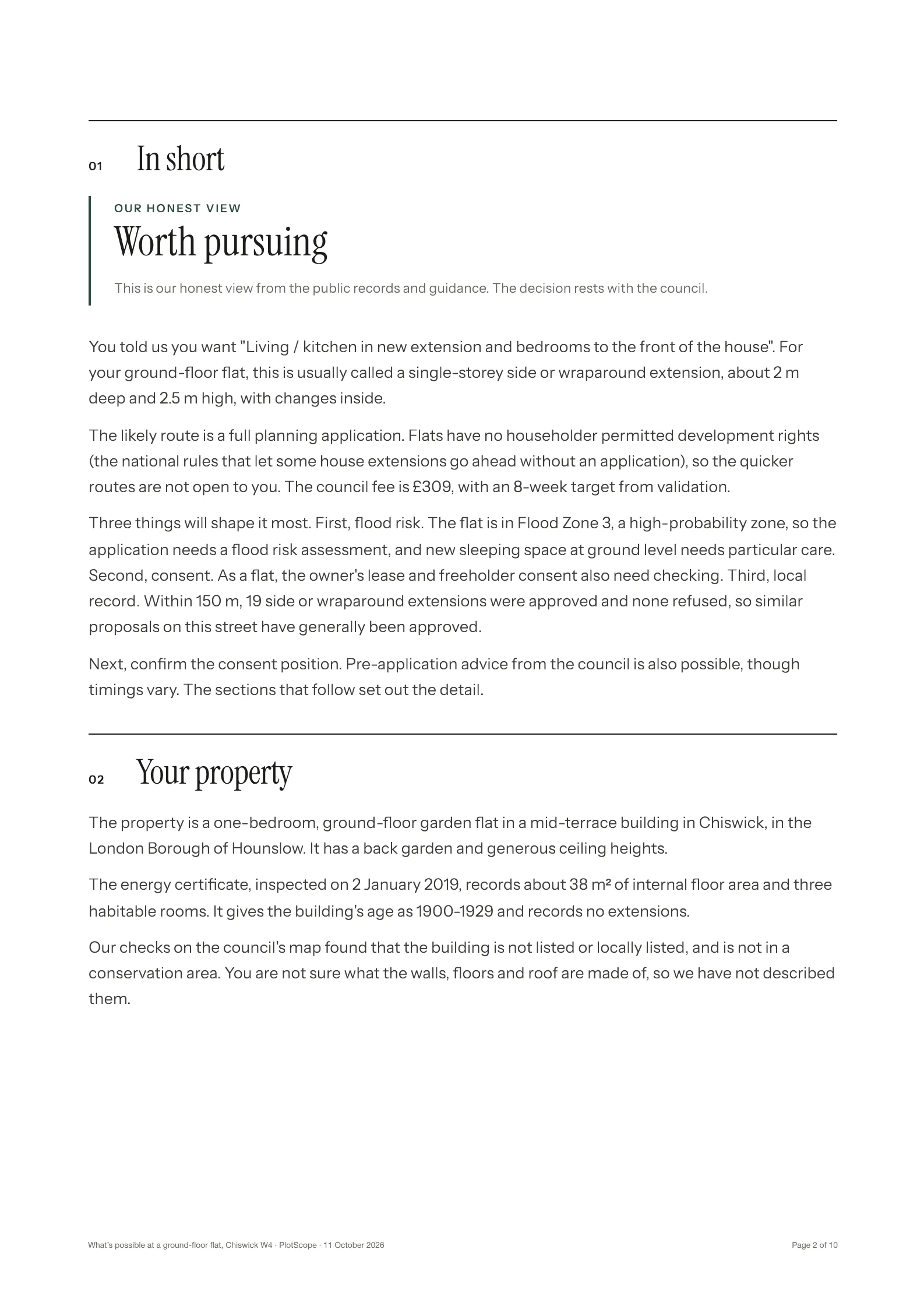 Page 2 of the sample Scope, “In short”: the honest view, “Worth pursuing”, and a summary of the likely route, flood risk, consent and the local record.