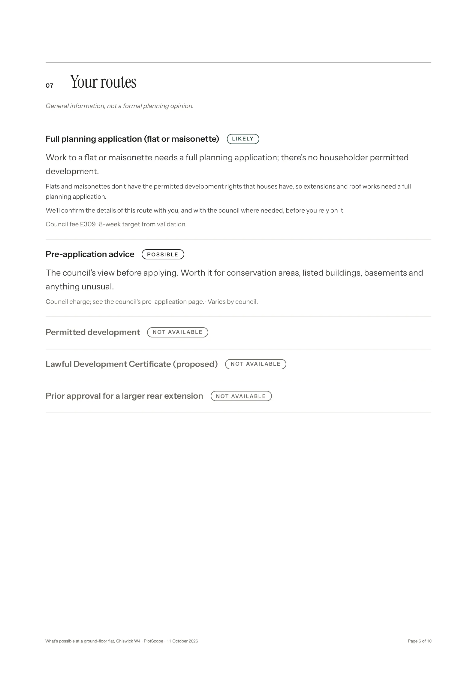 Page 6 of the sample Scope, “Your routes”: full planning application marked likely, pre-application advice marked possible, and three routes marked not available.